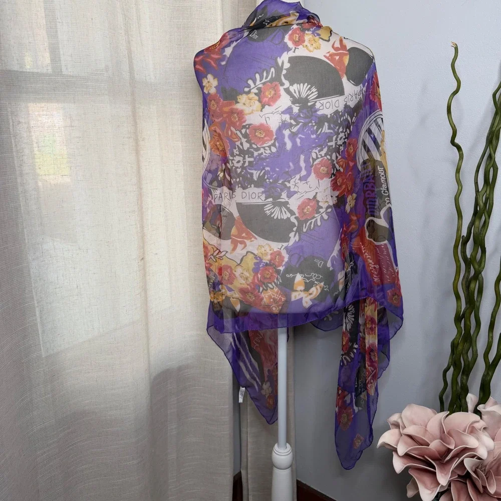 Christian Dior Silk Chiffon Scarf Floral Paris‎ Graphic Purple Italy  66